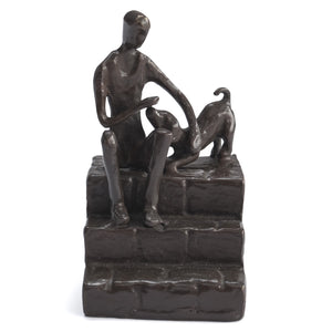 Solid Bronze - Man and Dog On Steps