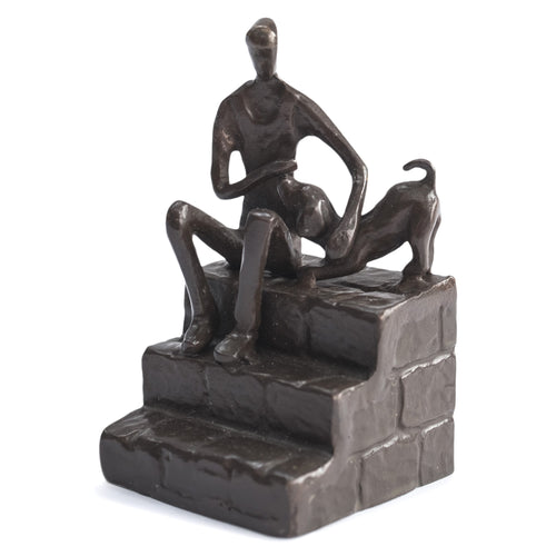 Solid Bronze - Man and Dog On Steps