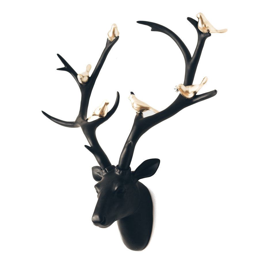 Black Deer Head with Gold Birds