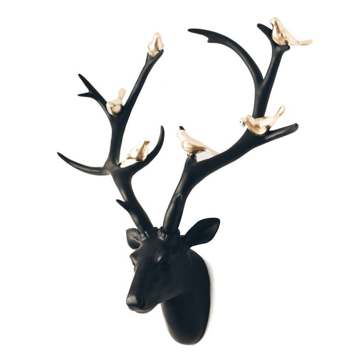 Black Deer Head with Gold Birds
