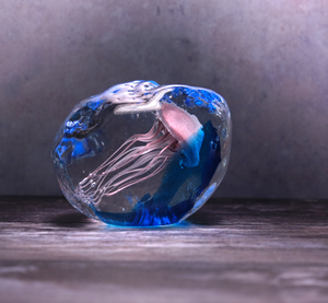 Pink Jellyfish in Blue Ice Paperweight